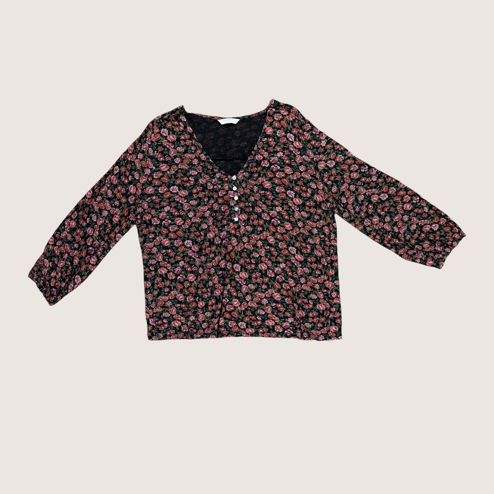 Lucky Brand Women Floral V-Neck Button Front 3/4 Sleeve Boho Blouse Medium
